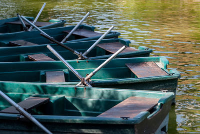 High angle view of abandoned boats moored in lake