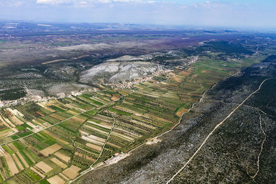 Aerial view of fertile fields in zadar region near adriatic coast