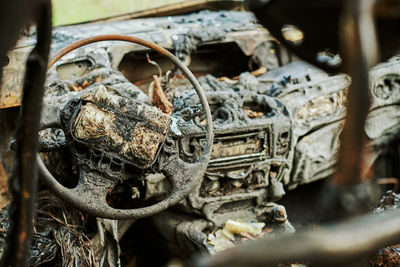 Burned car interior, close up vehicle fire, fires out. burned automobile, car fire, vehicle fire