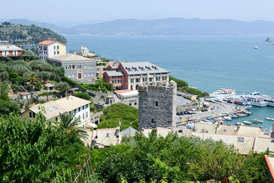 High angle view of town by sea