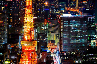 Illuminated buildings in city at night