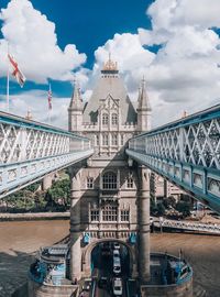 View of bridge over river against cloudy sky