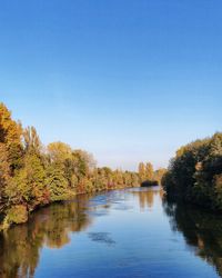 Scenic view of lake against clear blue sky