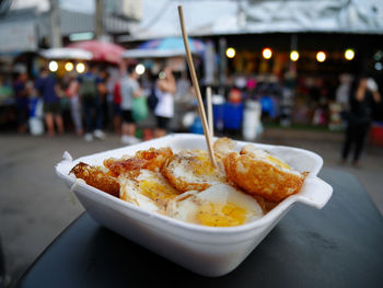 Close-up of food served in bowl on table