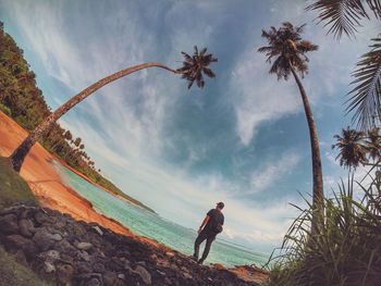 Man standing by palm trees on beach against sky