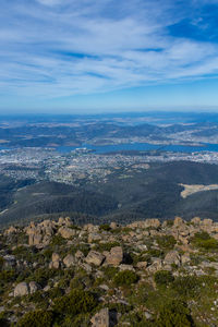 High angle view of cityscape against cloudy sky