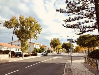 Road by trees in city against sky