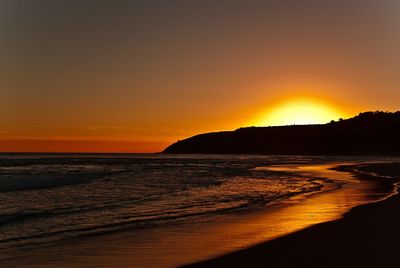 Scenic view of sea against orange sky