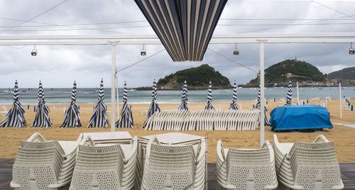 Clothes hanging in basket against calm sea