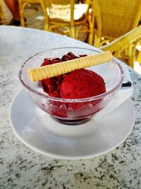 High angle view of ice cream in plate on table