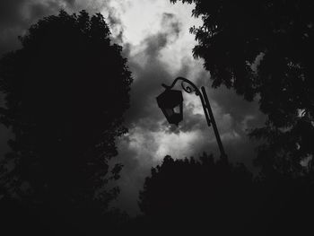 Low angle view of trees against cloudy sky