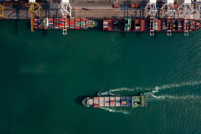 High angle view of commercial dock against sea