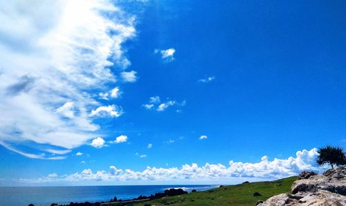 Scenic view of sea against blue sky