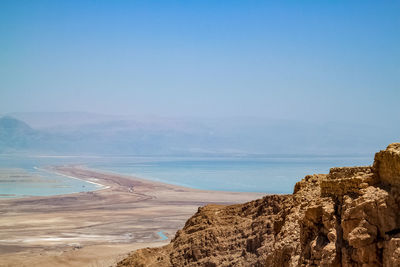 Scenic view of sea against clear blue sky