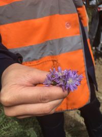 Midsection of man holding purple flowers