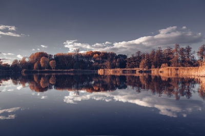 Reflection of trees in lake against sky