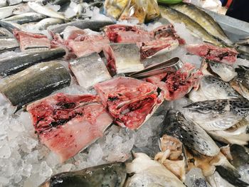 High angle view of fish for sale in market