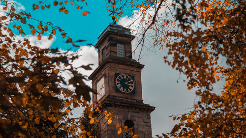 Low angle view of clock tower against sky