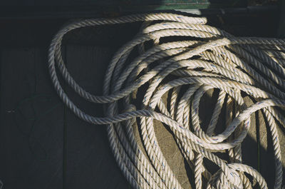High angle view of rope on table
