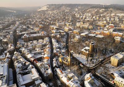 High angle view of cityscape against sky