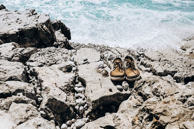 High angle view of rocks on shore