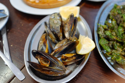 High angle view of clam in plate on table