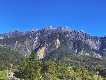 Low angle view of mountain against clear blue sky