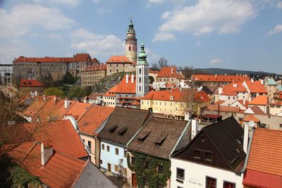 High angle view of houses in town