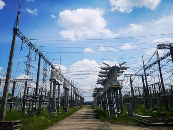 Low angle view of electricity pylon against sky