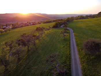 Scenic view of agricultural field against sky during sunset