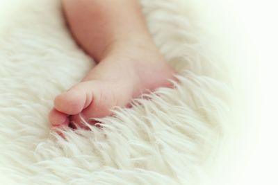 Low section of baby lying on white blanket