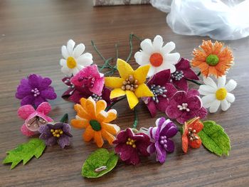 High angle view of various flowers on table