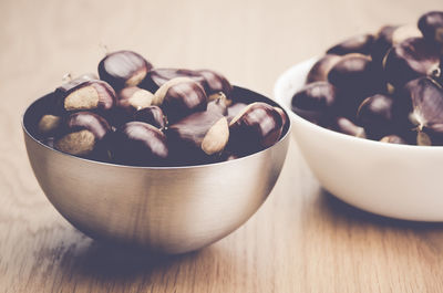 Close-up of chestnuts in bowl on table