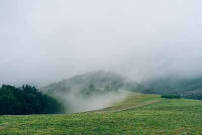 Scenic view of land against sky during foggy weather