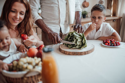 High angle view of people having food