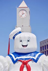 Close-up of mannequin against clear blue sky