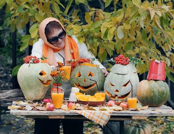 High angle view of pumpkins on table