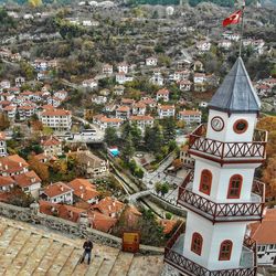 High angle view of buildings in town