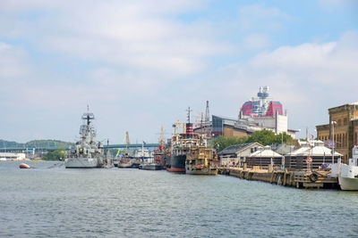 Scenic view of sea by buildings against sky