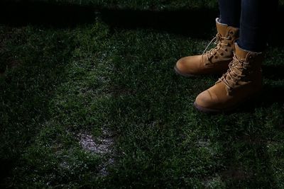 Low section of man standing on field