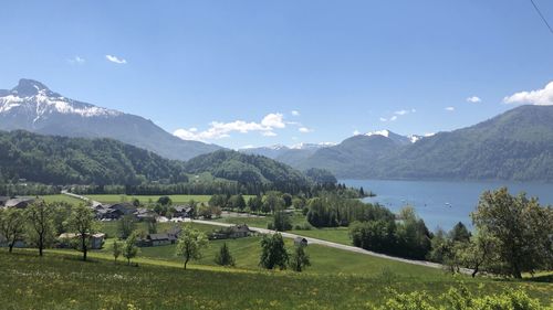 Scenic view of landscape and mountains against sky