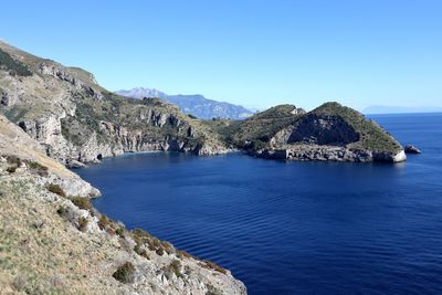 Scenic view of sea against clear blue sky