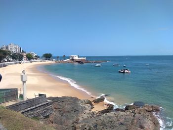 Scenic view of sea against clear blue sky