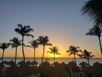 Silhouette palm trees on beach against sky during sunset