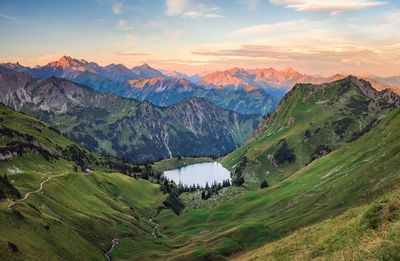 Scenic view of mountains against sky during sunset