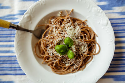 High angle view of noodles in bowl on table