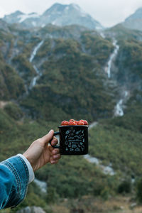 Cropped hand of woman holding fruits in mug against mountains