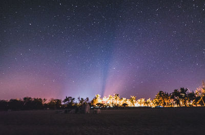 Scenic view of beach and trees against sky at night