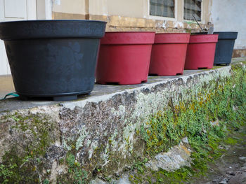 Close-up of garbage can against wall and plants