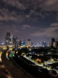 High angle view of illuminated city at night